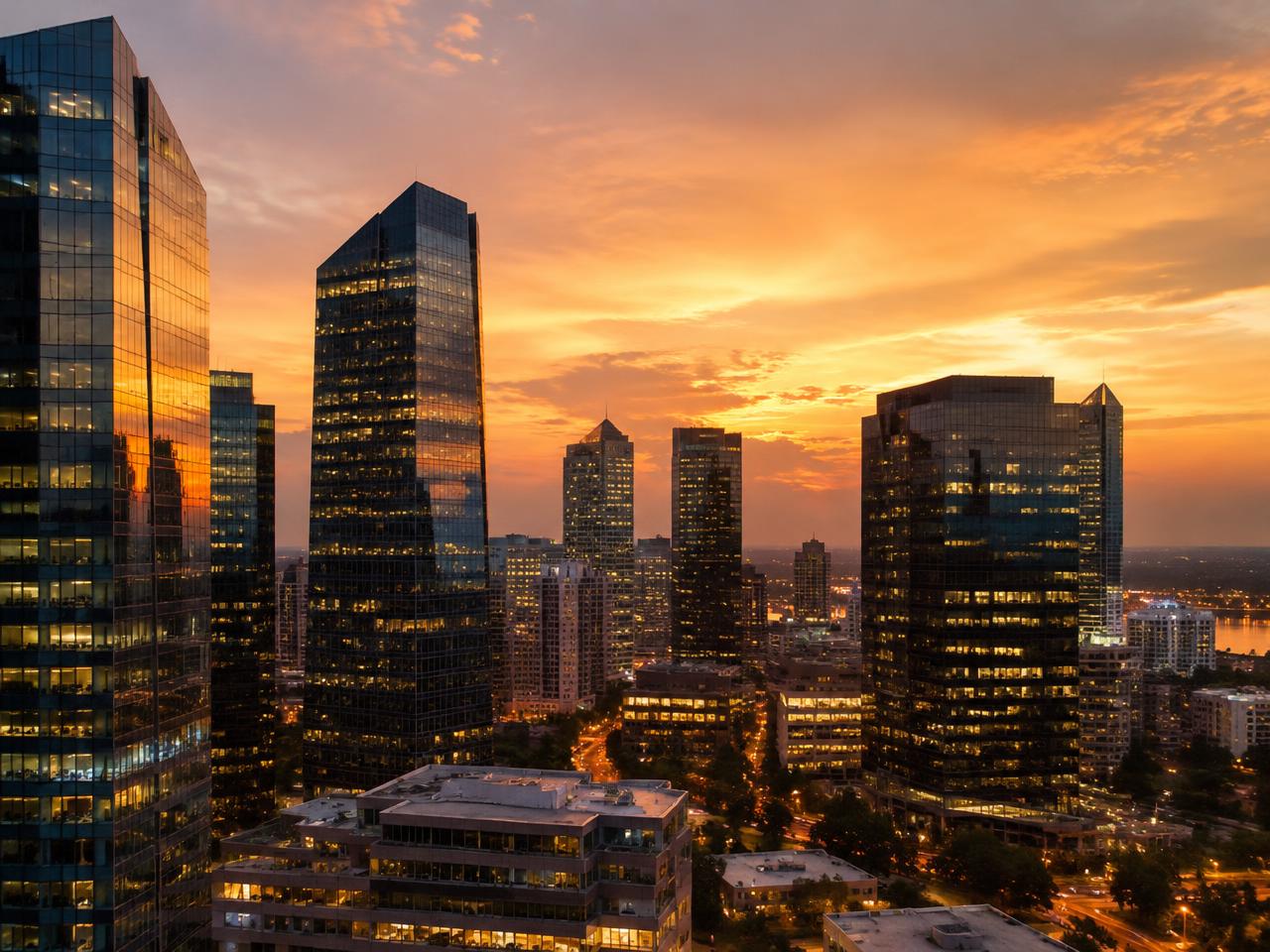 Modern financial district skyline with glass towers at golden hour