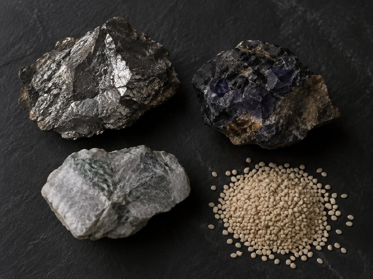 Samples of mineral ore and sesame seed on a dark slate surface
